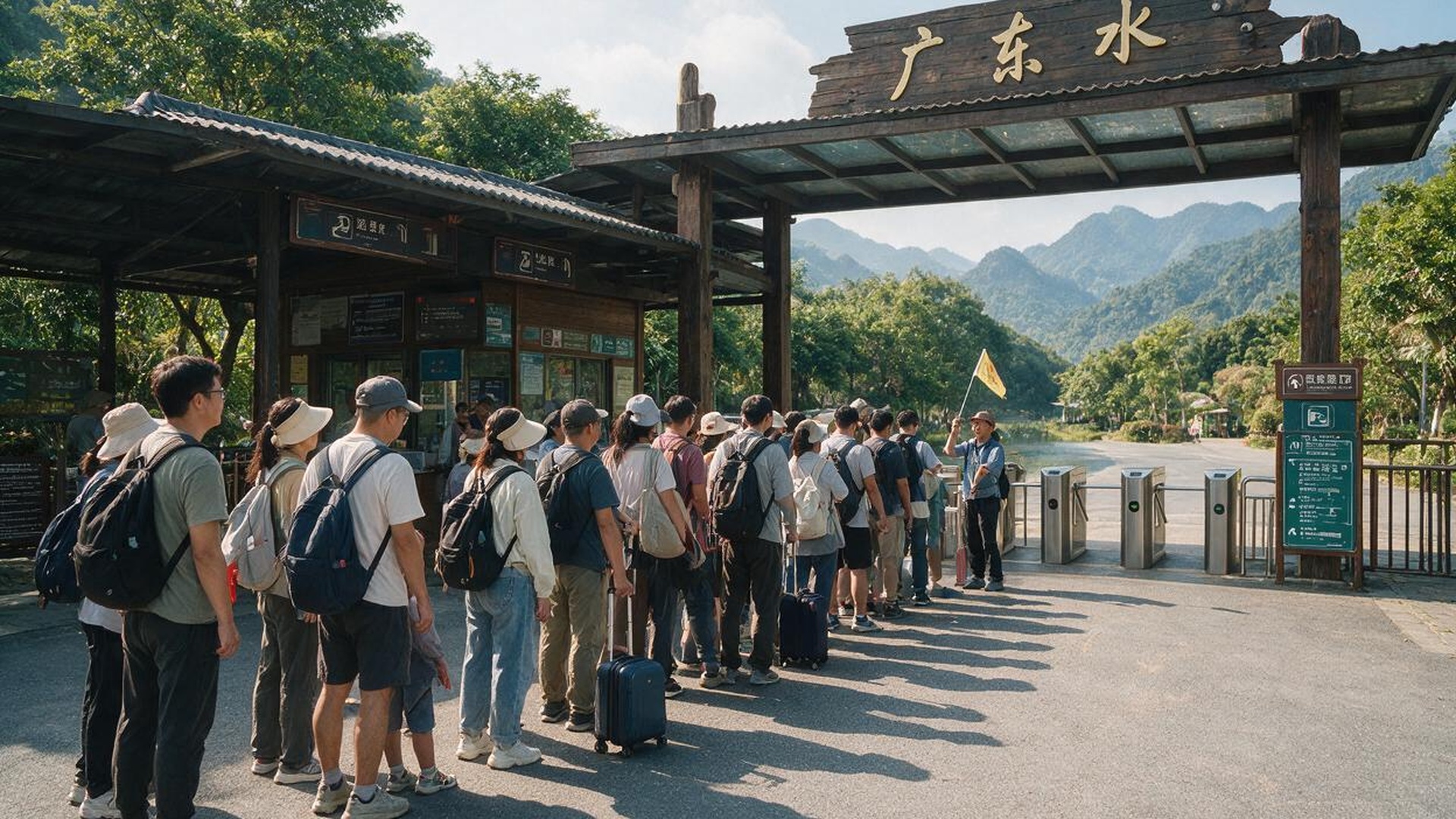 景区门口,团队排队等待检票入园