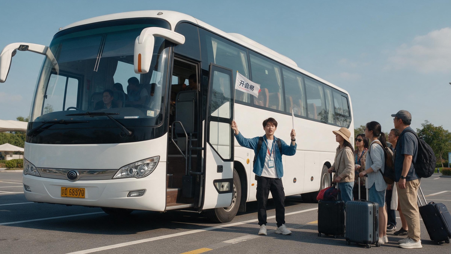旅游大巴停靠,导游举着开会易小旗集合队伍