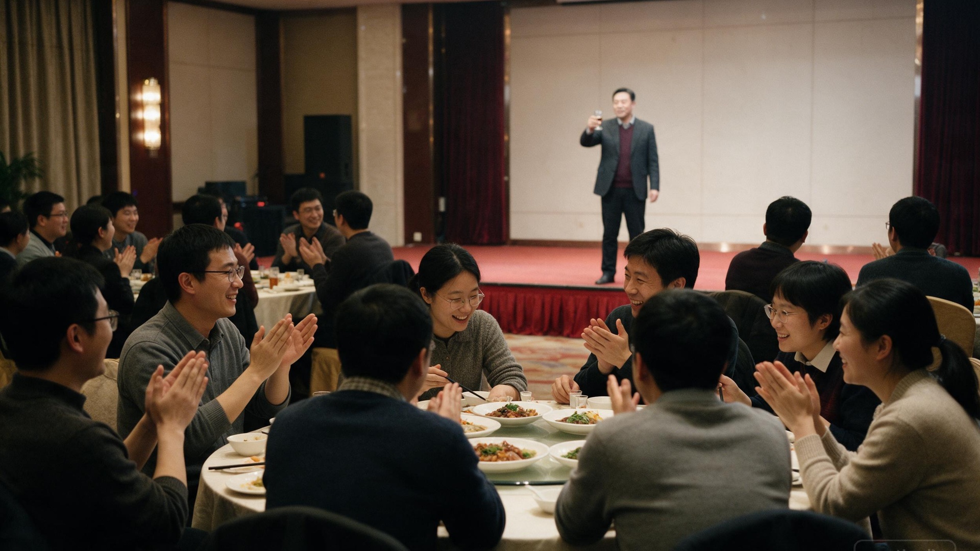 酒店宴会厅里中国同事参加年会