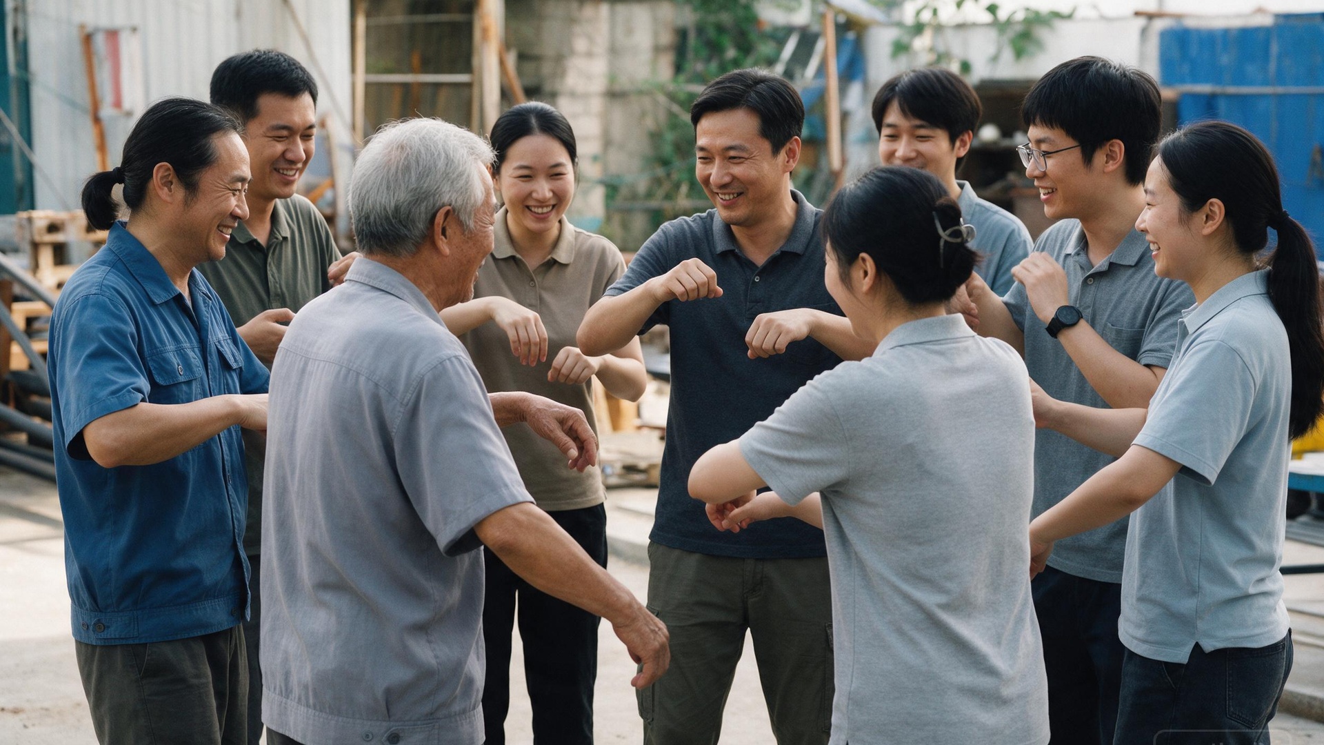不同年纪的中国同事一起做轻松活动