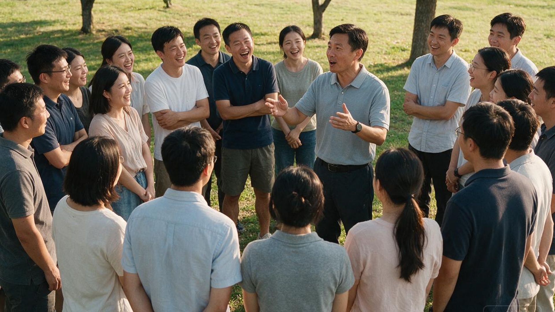 中国带队教练在草坪上给员工讲解