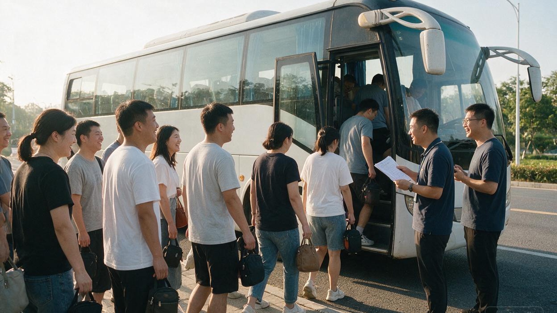 中国团队在旅游大巴前集合