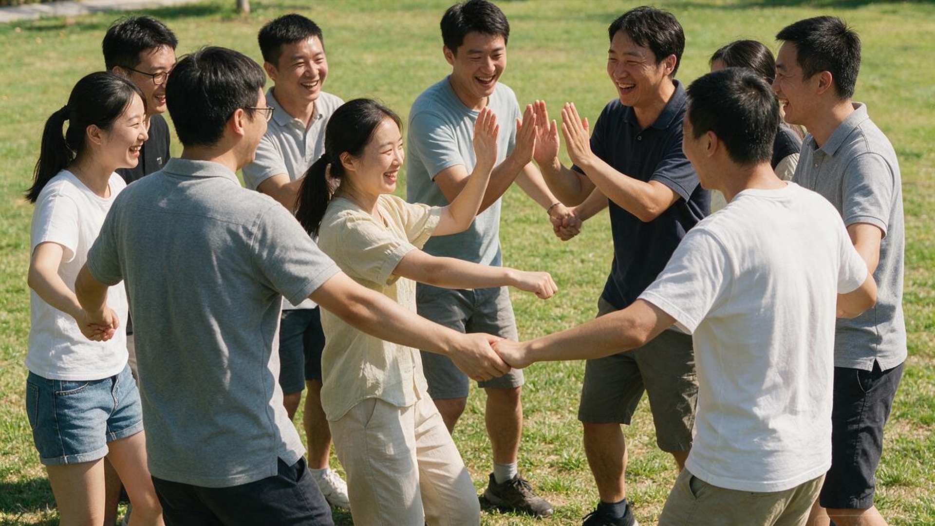草坪上中国同事围圈做轻松游戏